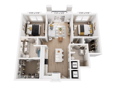 Floor plan for 2 beds, 2 baths, 1003 sqft